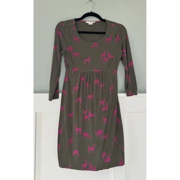 Boden Womens US 4 Oh Deer Jersey Dress Midi Knit Printed Novelty Green Pink - Picture 1 of 7
